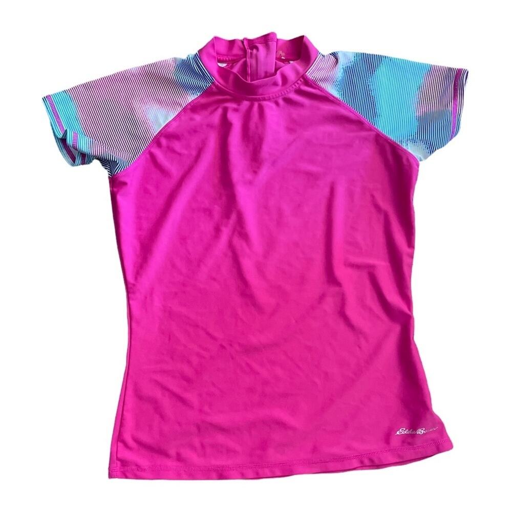 Eddie Bauer Rashguard Girls Large 14/16 Swimwear Zip Short Sleeves Pink Blue